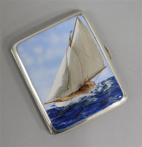 A silver and enamel cigarette case, Birmingham 1932, possibly later enamelled with a sailing yacht, 8.5cm